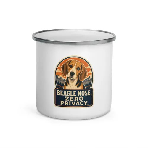 Enamel Camp Mug, Beagle Gift: Beagle Nose. Zero Privacy. - 12 oz - White