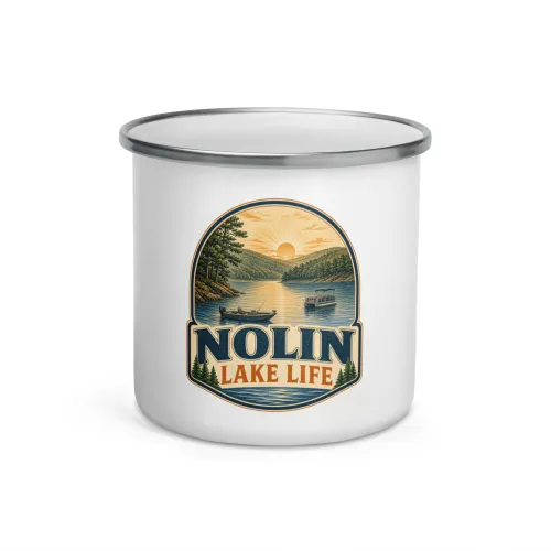 Enamel Camp Boat Mug, Nolin Lake Life, Vintage Badge - 12 oz - White