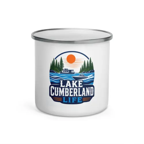 Enamel Camp Boat Mug, Lake Cumberland Life, Bold Emblem - 12 oz - White