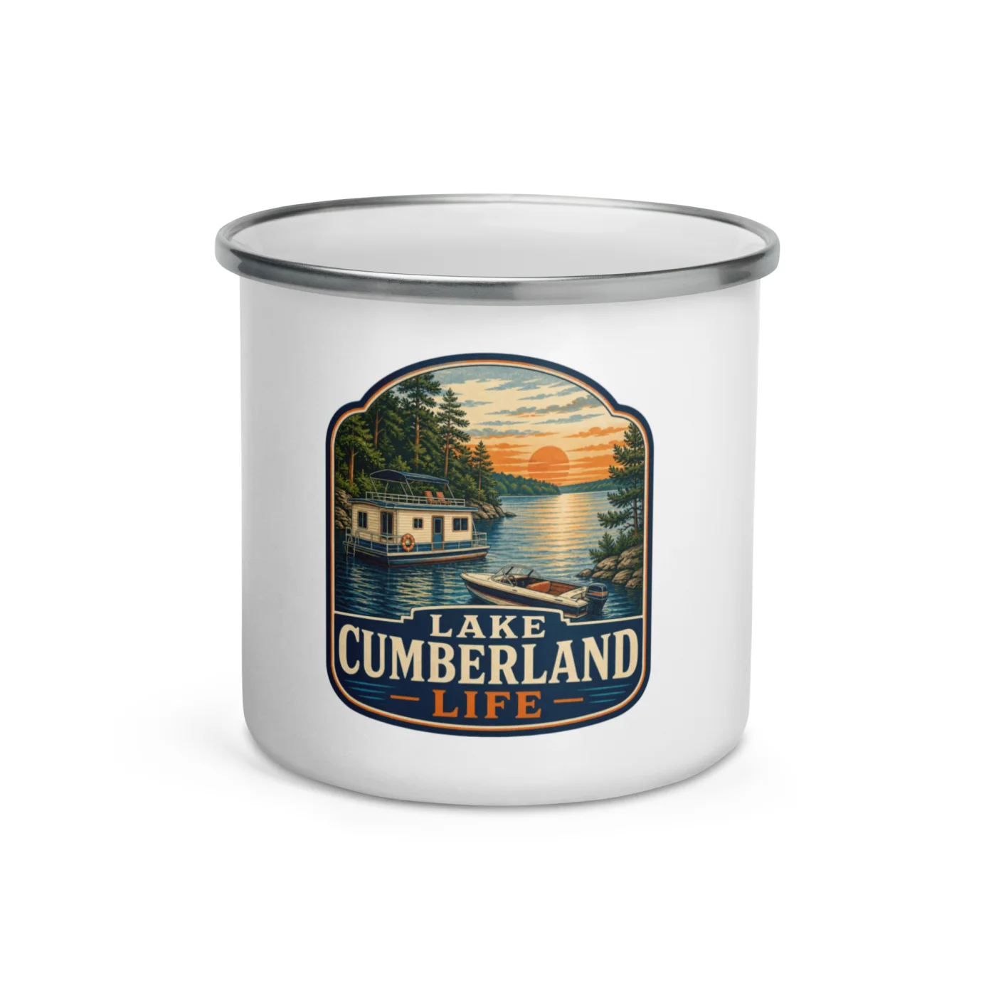 Enamel Camp Boat Mug, Lake Cumberland Life, Vintage Badge