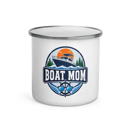 Enamel Camp Boat Mug, Boat Mom, Bold Emblem - 12 oz - White
