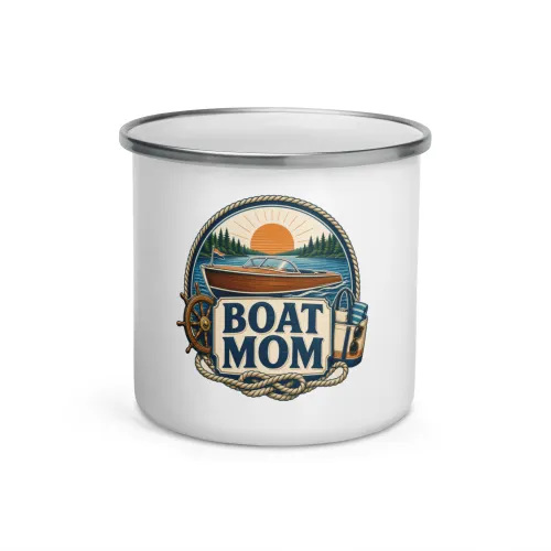 Enamel Camp Boat Mug, Boat Mom, Vintage Badge - 12 oz - White