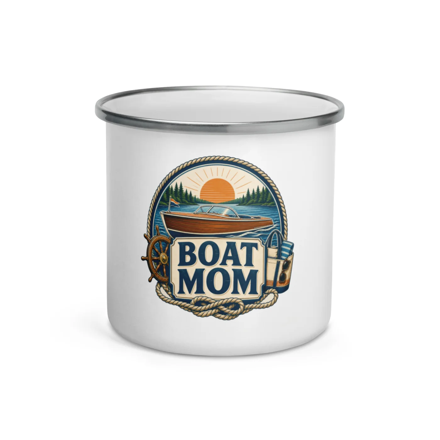 Enamel Camp Boat Mug, Boat Mom, Vintage Badge