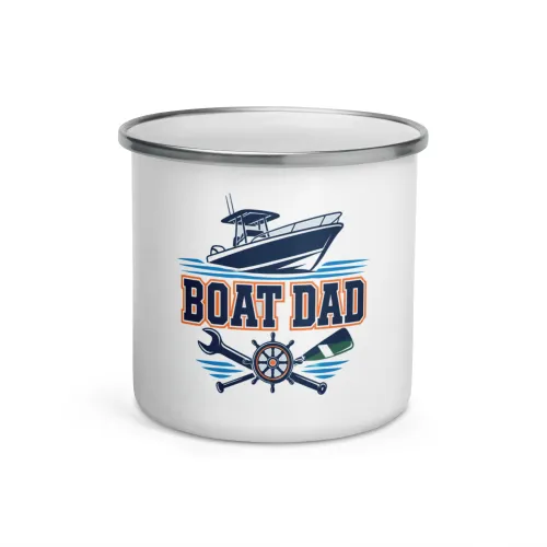 Enamel Camp Boat Mug, Boat Dad, Bold Emblem - 12 oz - White