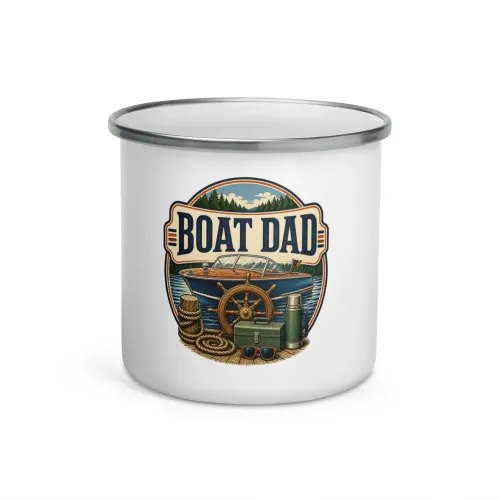 Enamel Camp Boat Mug, Boat Dad, Vintage Badge - 12 oz - White