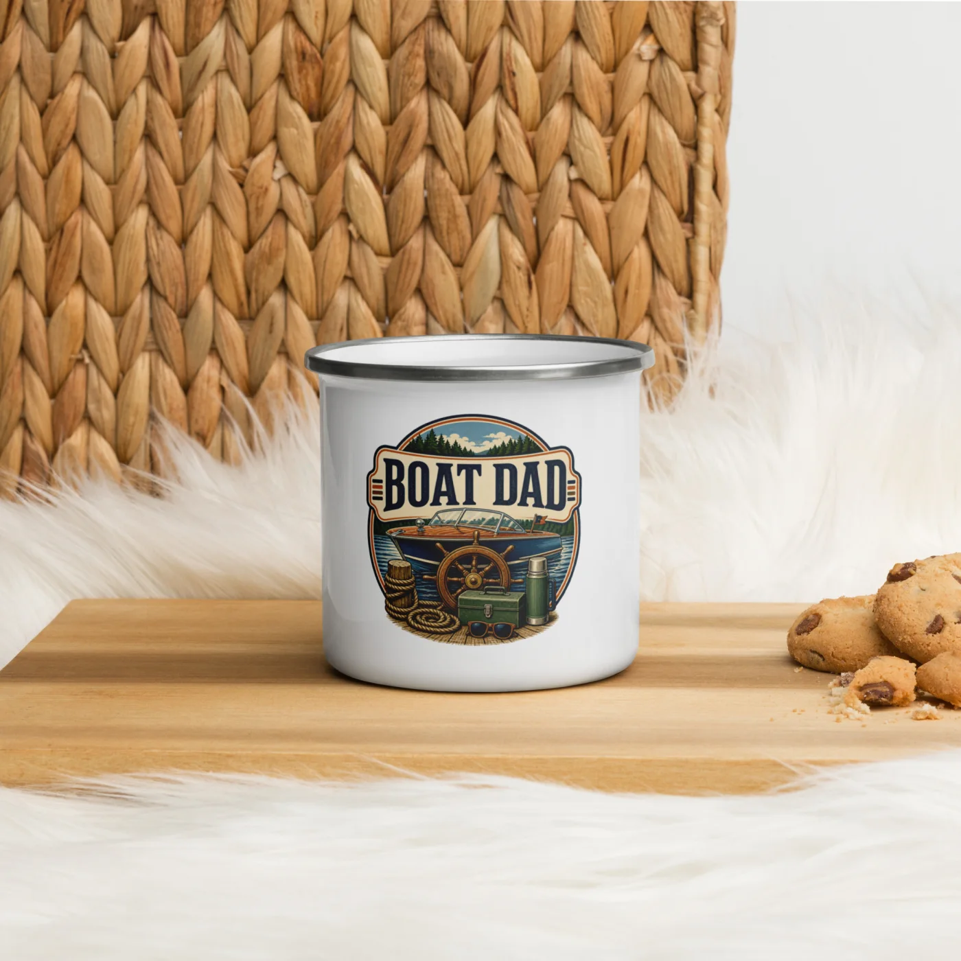 Enamel Camp Boat Mug, Boat Dad, Vintage Badge