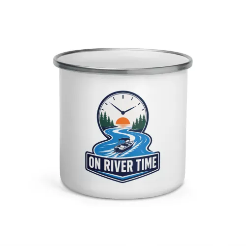 Enamel Camp Boat Mug, On River Time, Bold Emblem - 12 oz - White