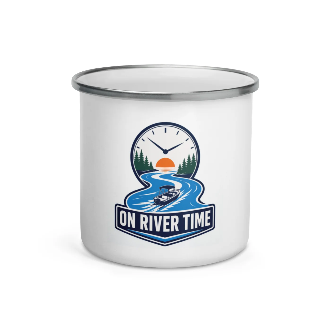 Enamel Camp Boat Mug, On River Time, Bold Emblem