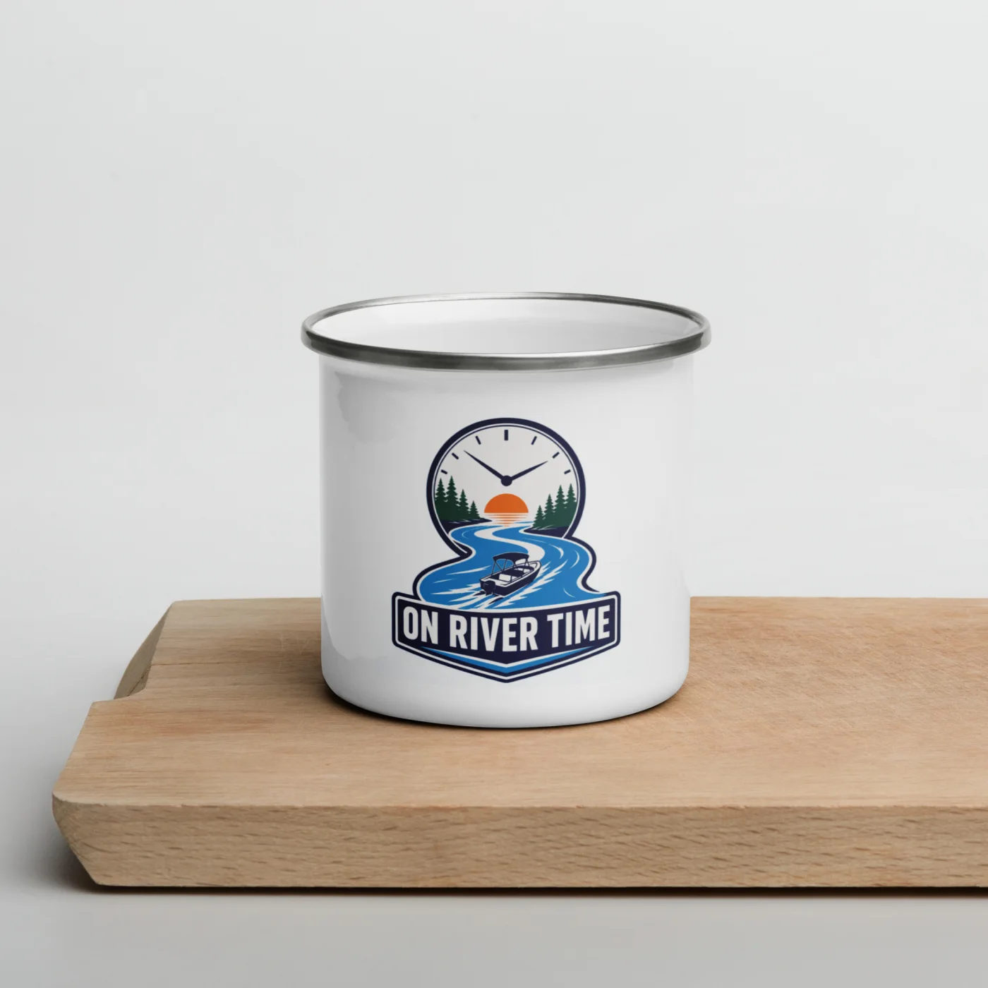 Enamel Camp Boat Mug, On River Time, Bold Emblem