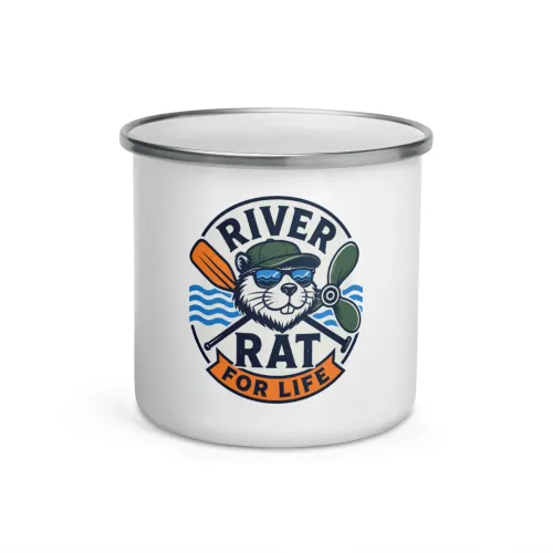 Enamel Camp Boat Mug, River Rat for Life, Bold Emblem - 12 oz - White