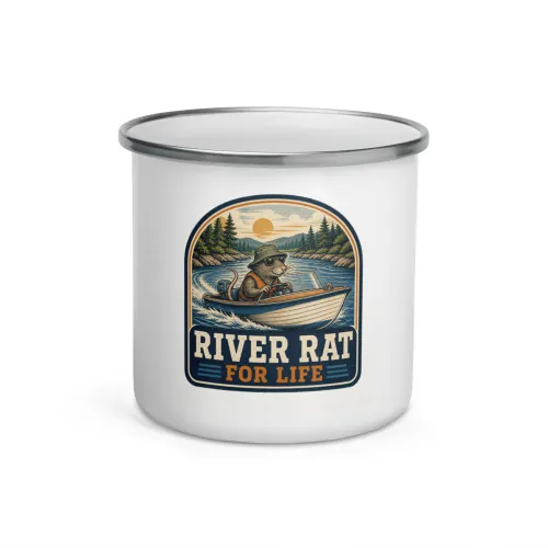 Enamel Camp Boat Mug, River Rat for Life, Vintage Badge - 12 oz - White