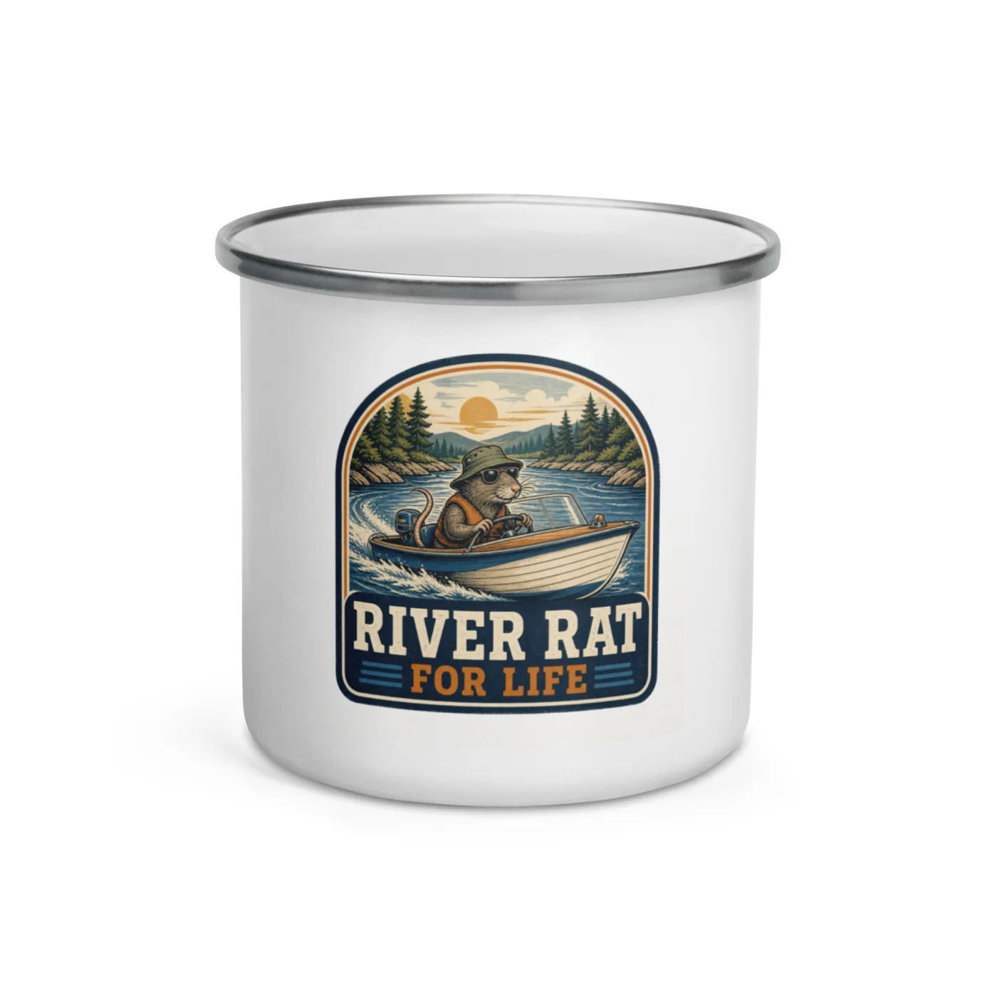 Enamel Camp Boat Mug, River Rat for Life, Vintage Badge