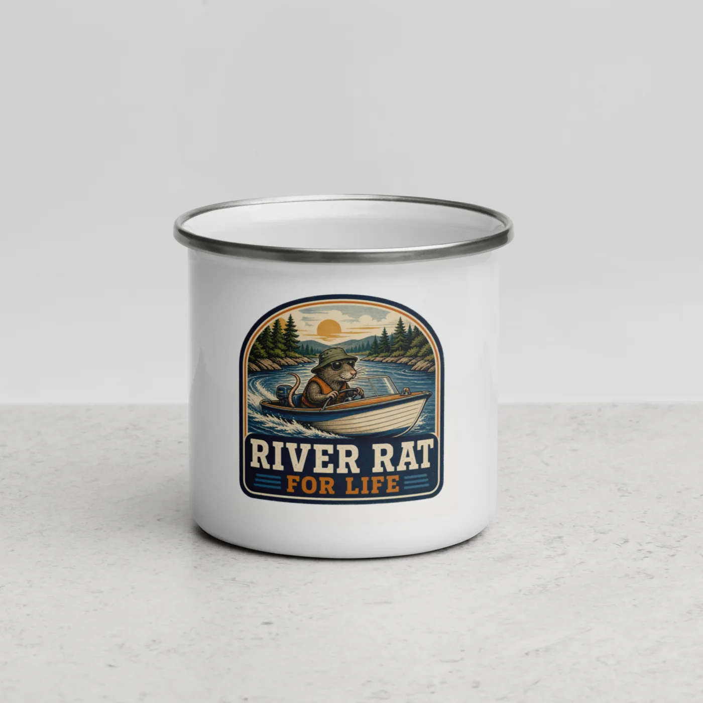 Enamel Camp Boat Mug, River Rat for Life, Vintage Badge