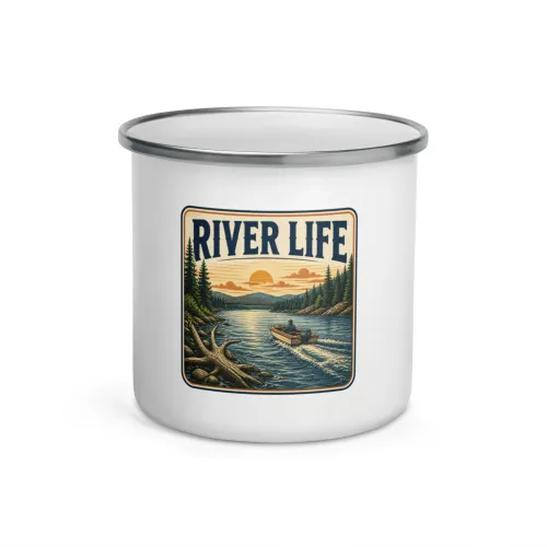 Enamel Camp Boat Mug, River Life, Vintage Badge - 12 oz - White