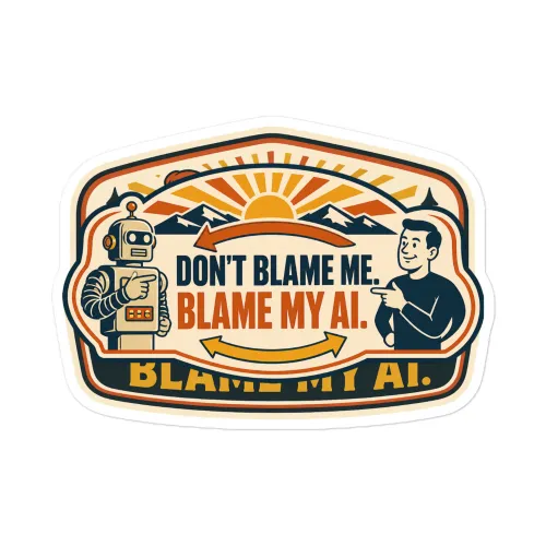 Funny AI Vinyl Sticker, Retro Robot: Don't Blame Me. Blame My AI. - 5.5″×5.5″ - White