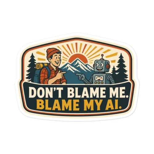 Funny AI Vinyl Sticker, Funny Robot: Don't Blame Me. Blame My AI. - 5.5″×5.5″ - White