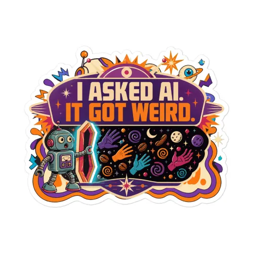Funny AI Vinyl Sticker, Retro Robot: I Asked AI. It Got Weird. - 5.5″×5.5″ - White