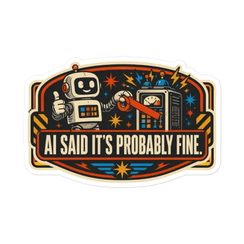 Funny AI Vinyl Sticker, Retro Robot: AI Said It's Probably Fine. - 5.5″×5.5″ - White