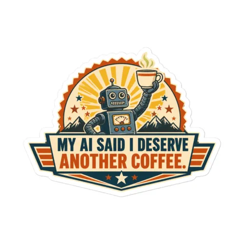 Funny AI Vinyl Sticker, Retro Robot: My AI Said I Deserve Another Coffee. - 5.5″×5.5″ - White
