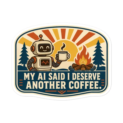Funny AI Vinyl Sticker, Funny Robot: My AI Said I Deserve Another Coffee. - 5.5″×5.5″ - White