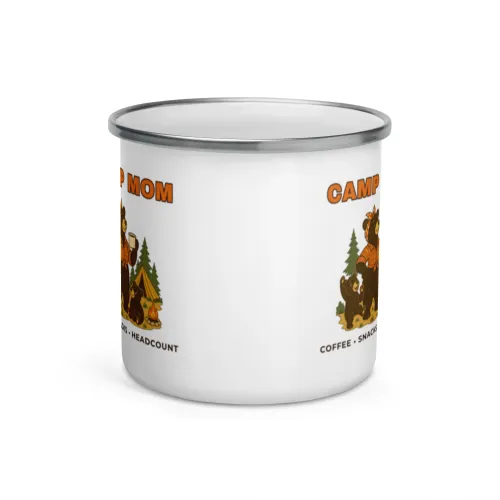 Camp Mom Enamel Mug, Coffee Snacks Headcount Bear Family Design - 12 oz - White