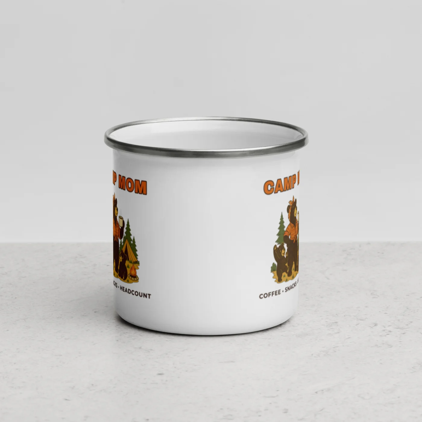 Camp Mom Enamel Mug, Coffee Snacks Headcount Bear Family Design