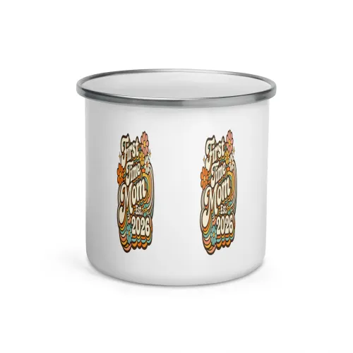 First Time Mom 2026 Enamel Mug, Mom Est 2026 Camp Mug, New Mom Gift, Baby Shower Gift, Retro Mom Mug, Camping Mug, Outdoor Mom Gift - 12 oz - White