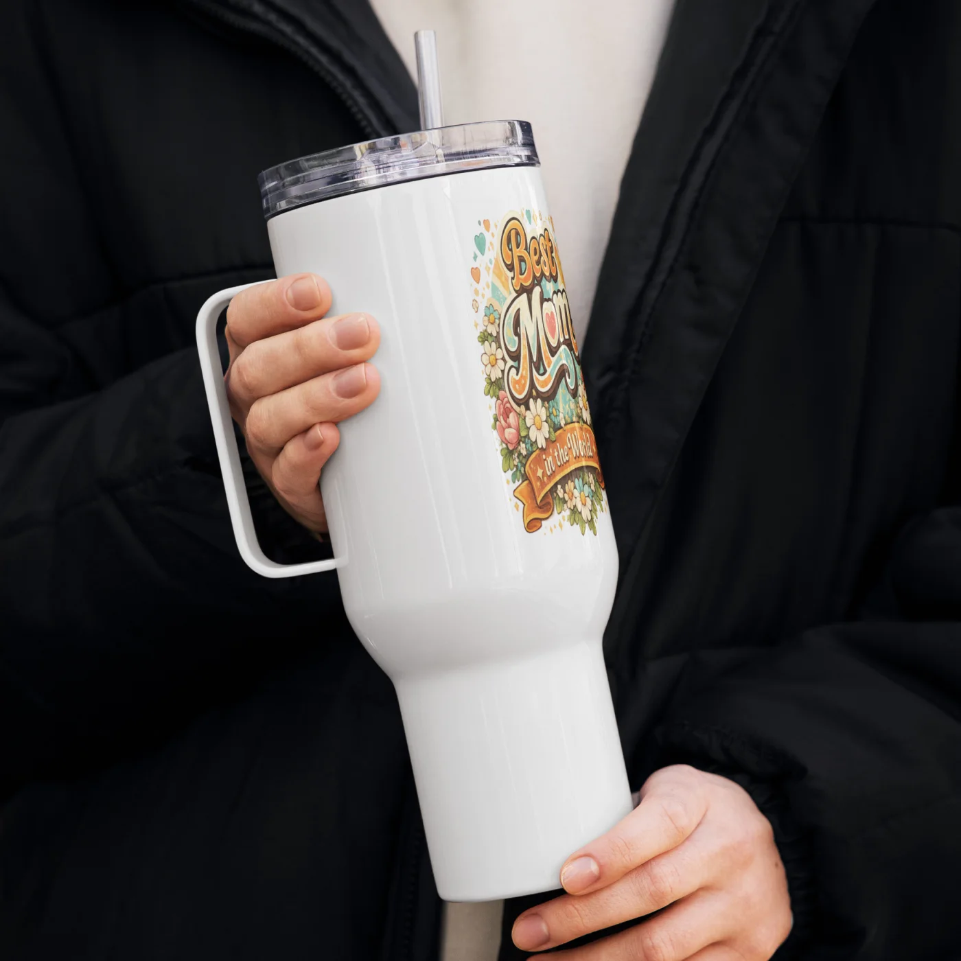 Best Mom in the World Travel Mug, Retro Mom Tumbler, Mother’s Day Gift, Floral Mom Coffee Tumbler, Gift for Mom, Cute Mom Mug, Mom On The Go