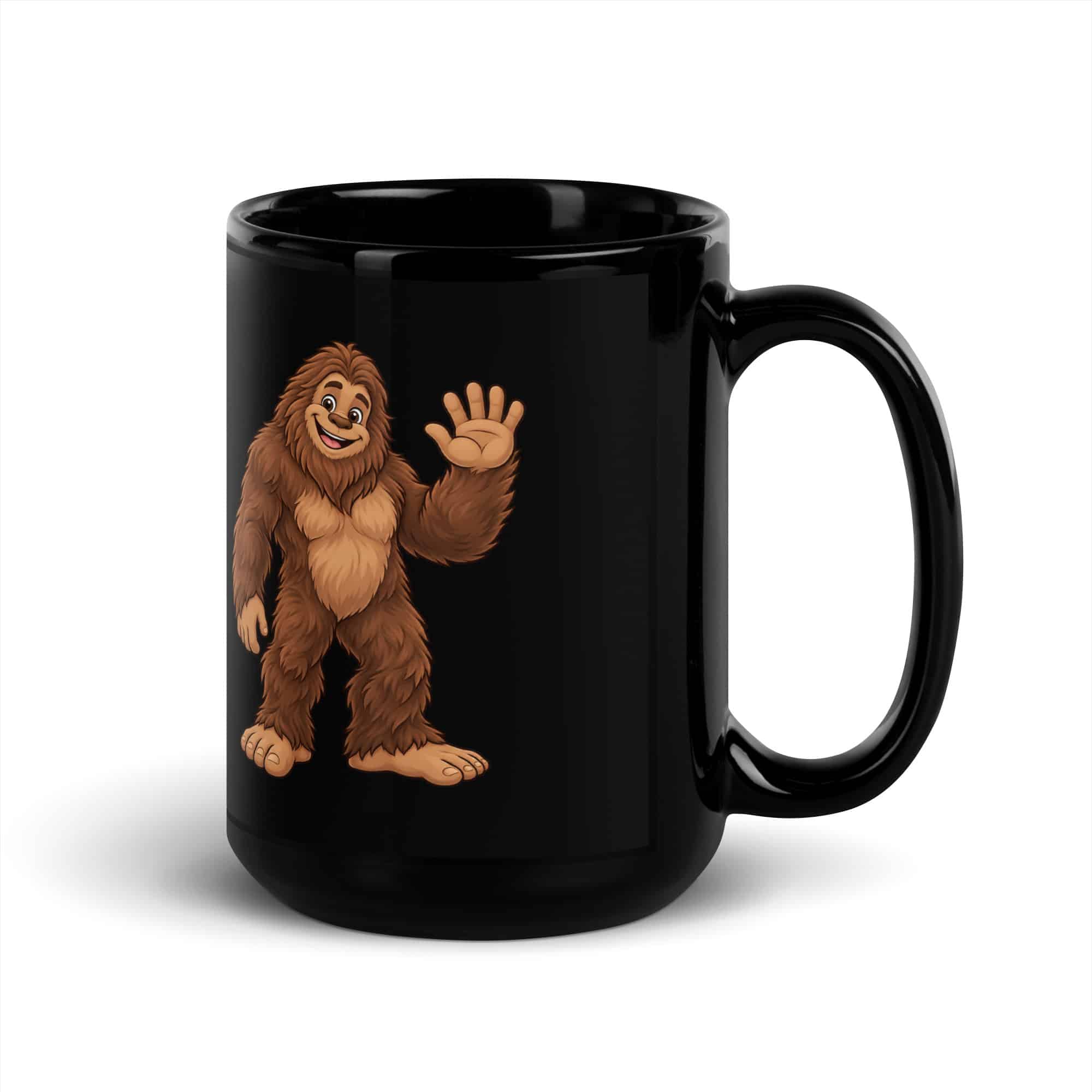 Friendly Waving Bigfoot Black Mug