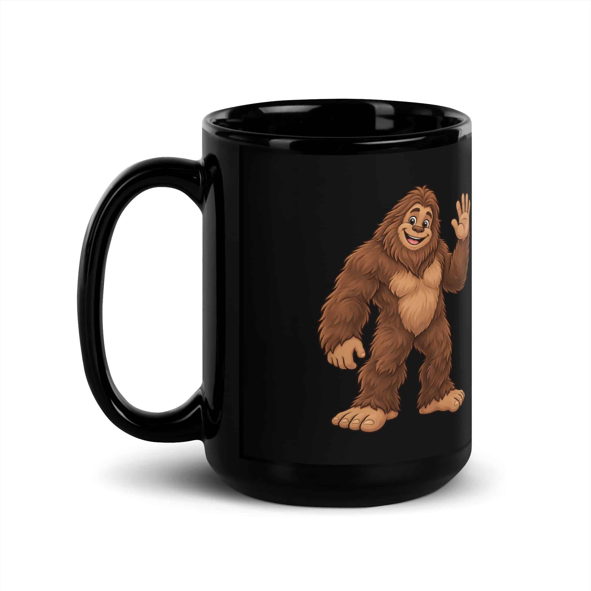 Friendly Waving Bigfoot Black Mug