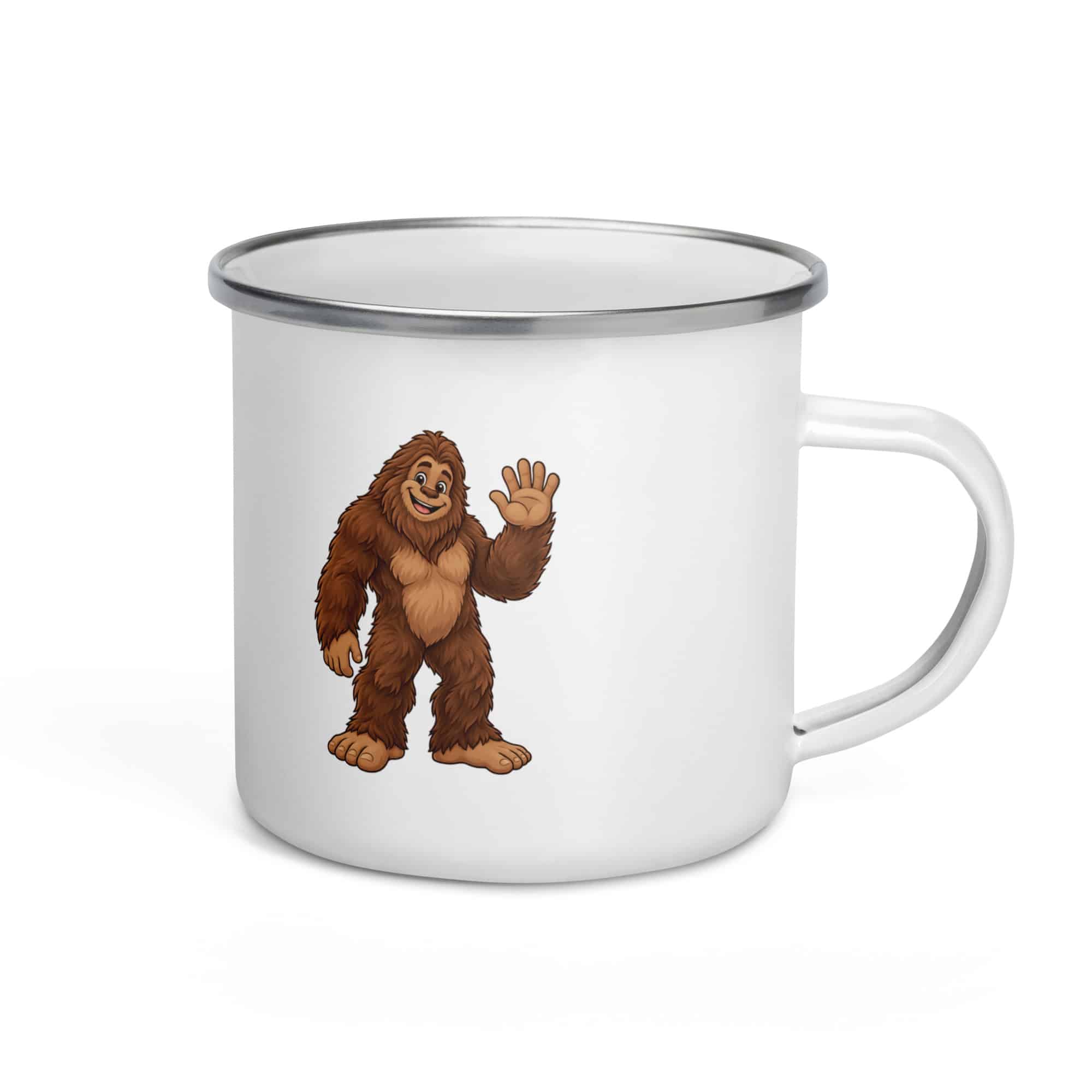 Friendly Waving Bigfoot Enamel Camp Mug