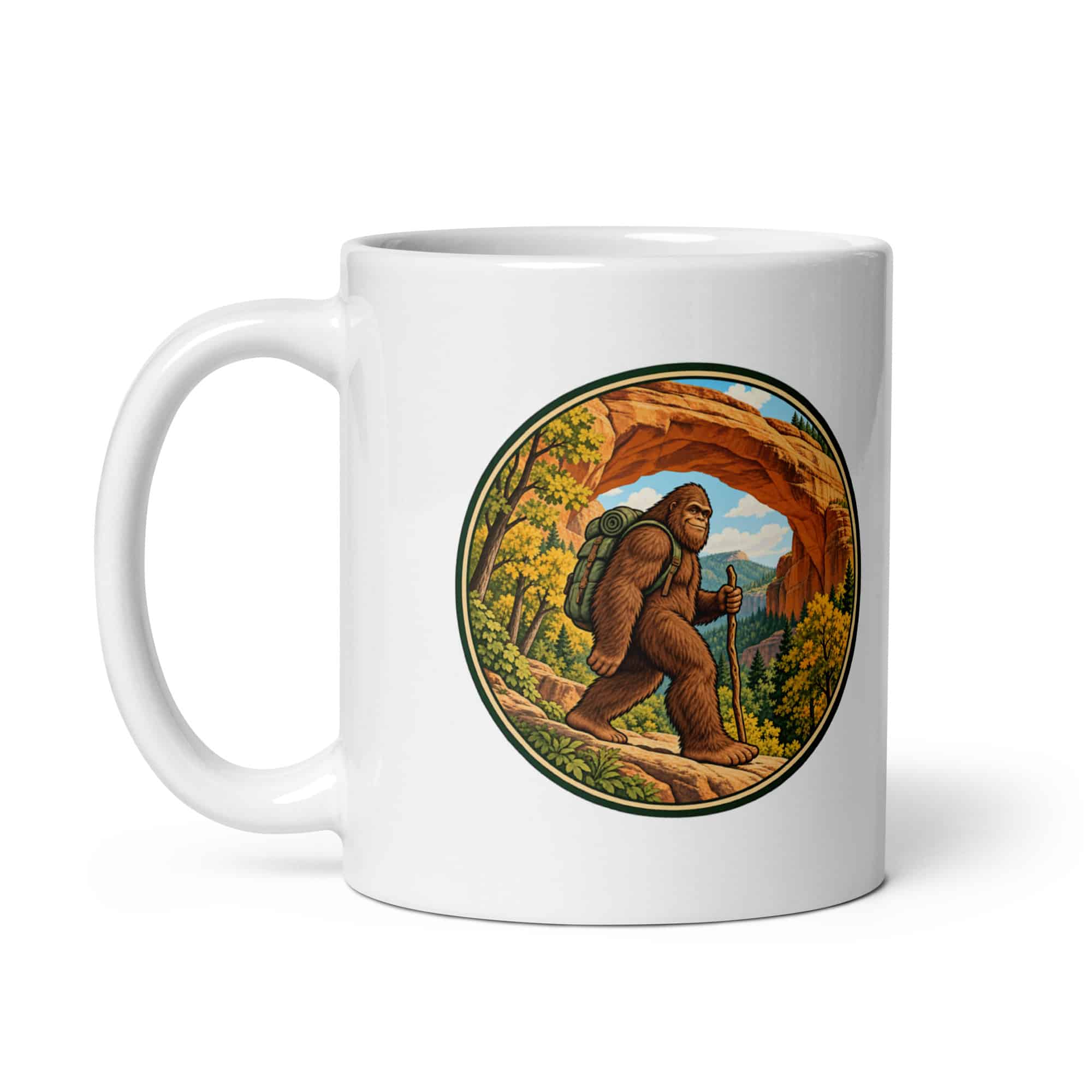Bigfoot Sandstone Arch Hiker White Ceramic Coffee Mug