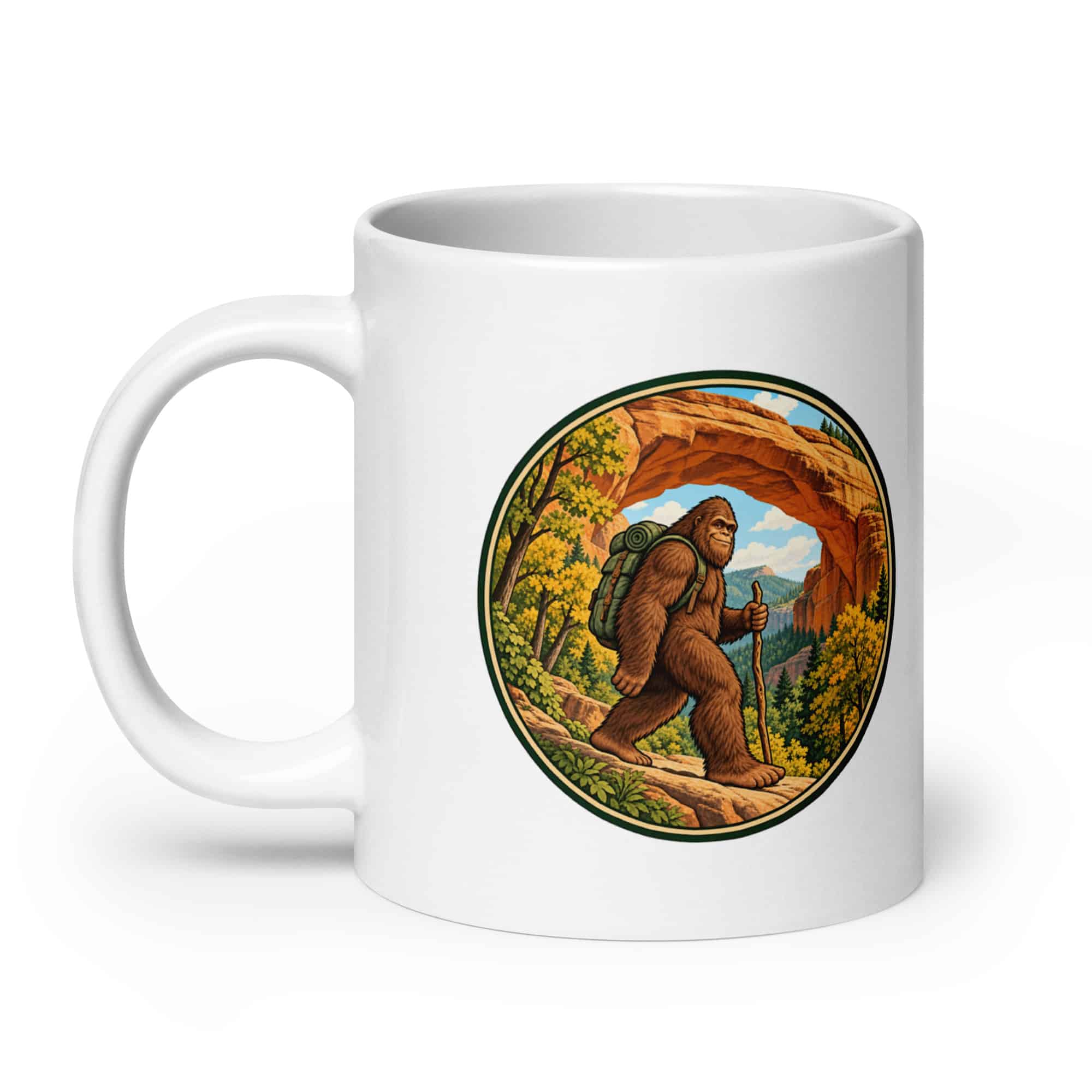 Bigfoot Sandstone Arch Hiker White Ceramic Coffee Mug