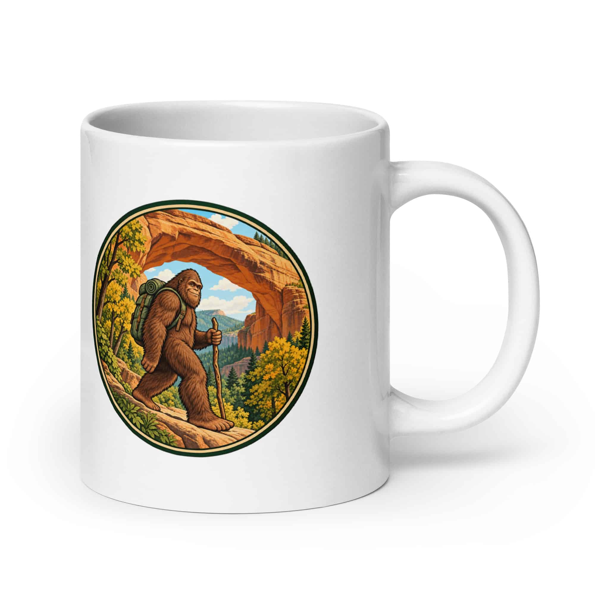 Bigfoot Sandstone Arch Hiker White Ceramic Coffee Mug