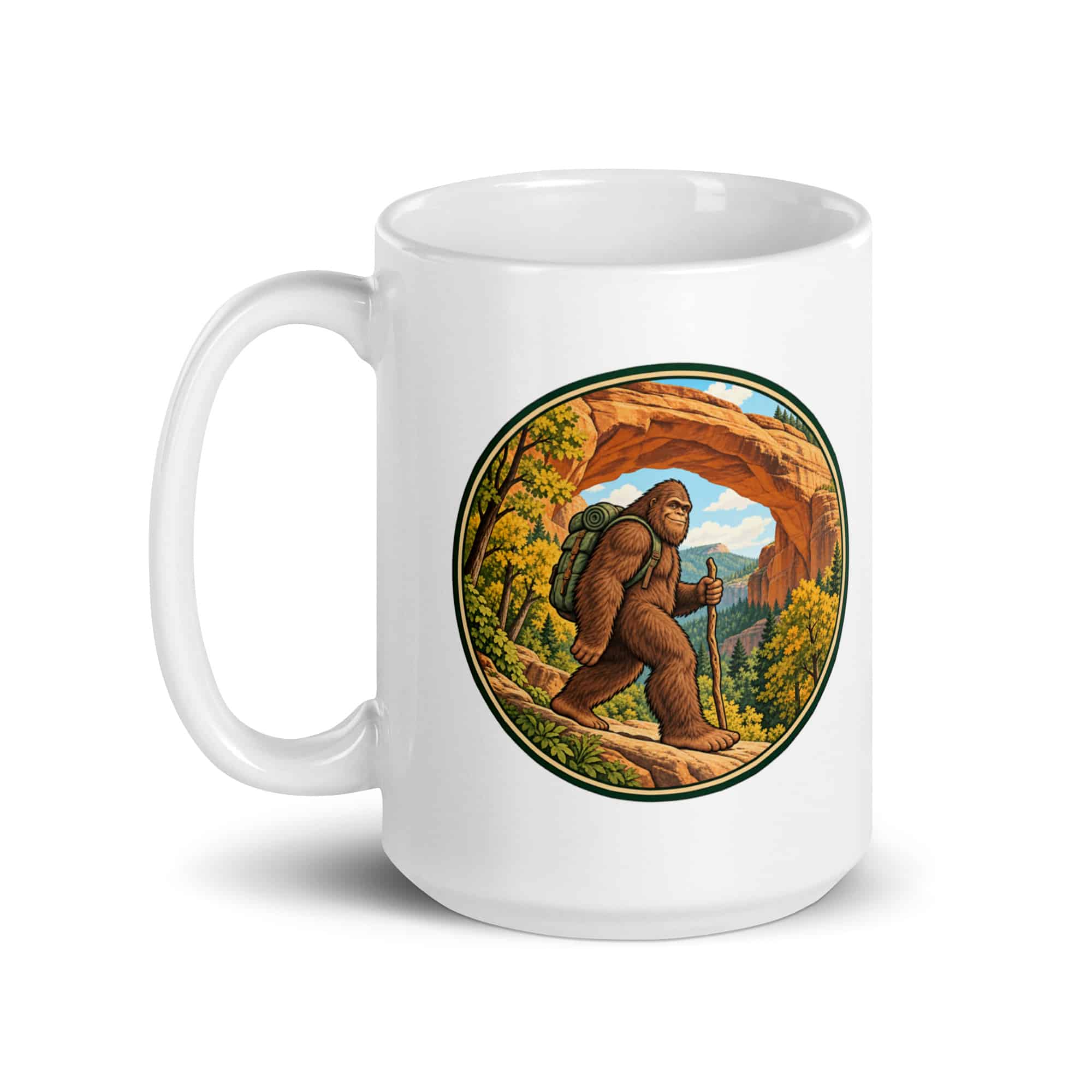 Bigfoot Sandstone Arch Hiker White Ceramic Coffee Mug