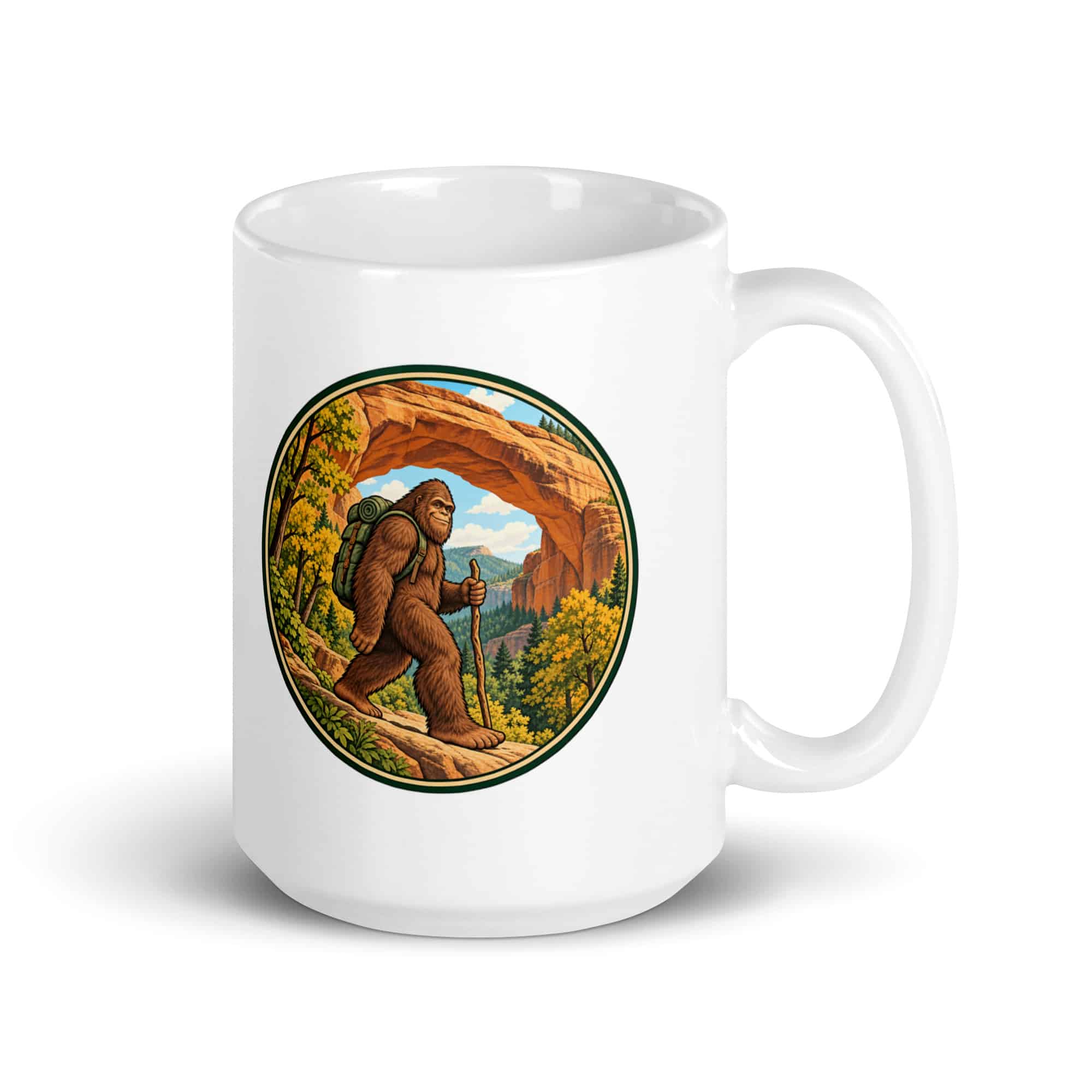 Bigfoot Sandstone Arch Hiker White Ceramic Coffee Mug