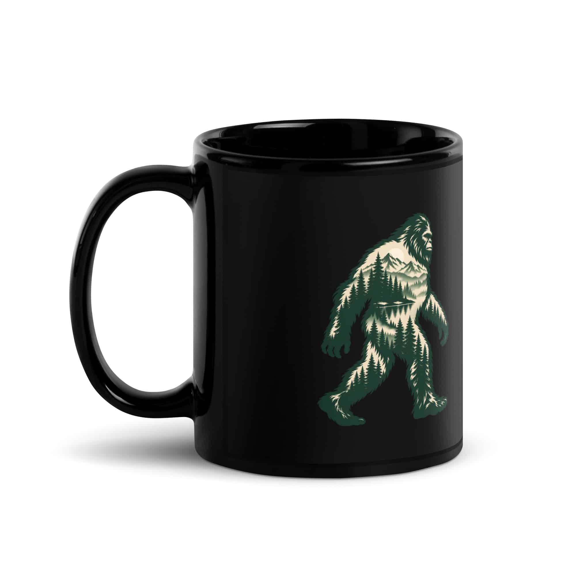 Pine Forest Cutout Bigfoot Black Mug
