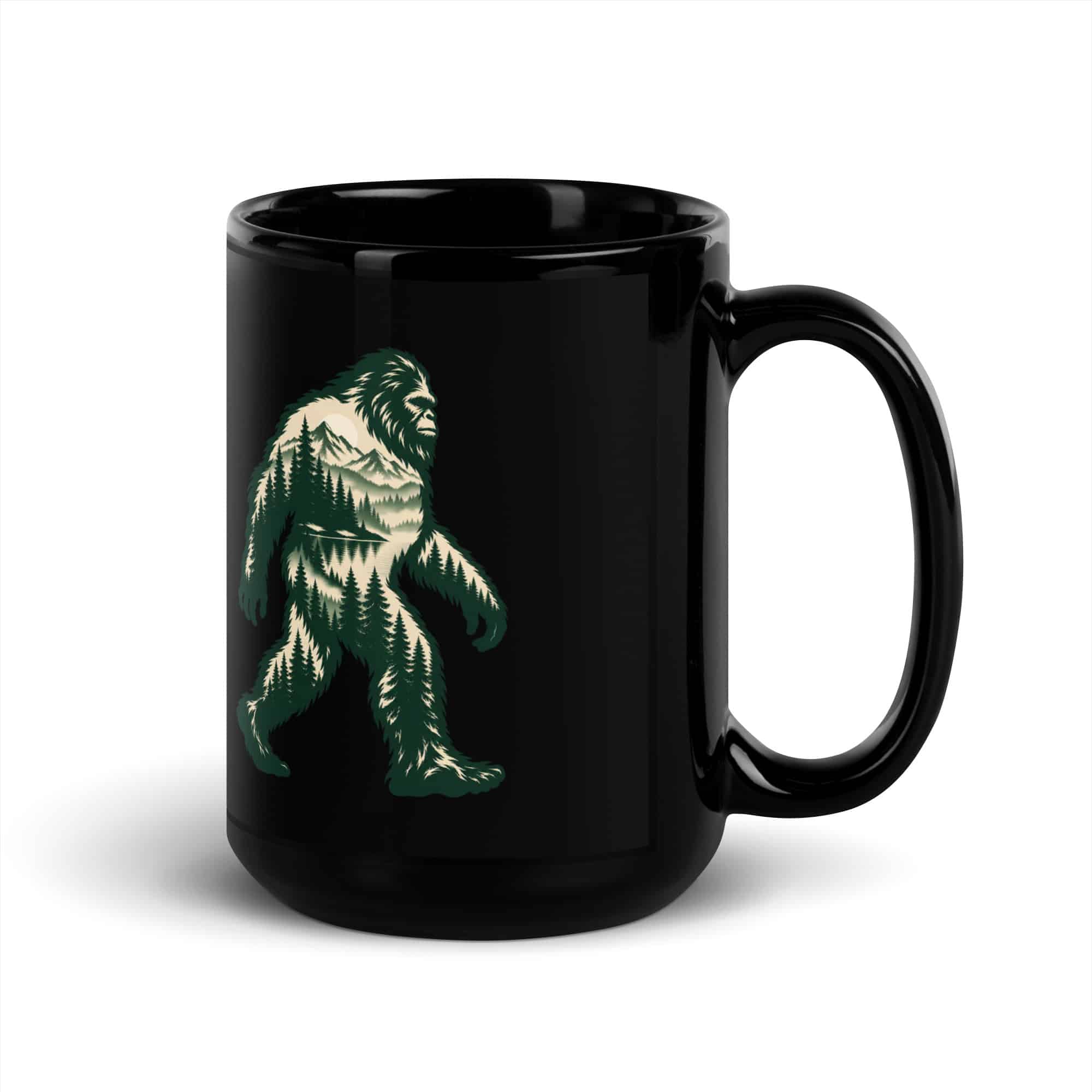 Pine Forest Cutout Bigfoot Black Mug