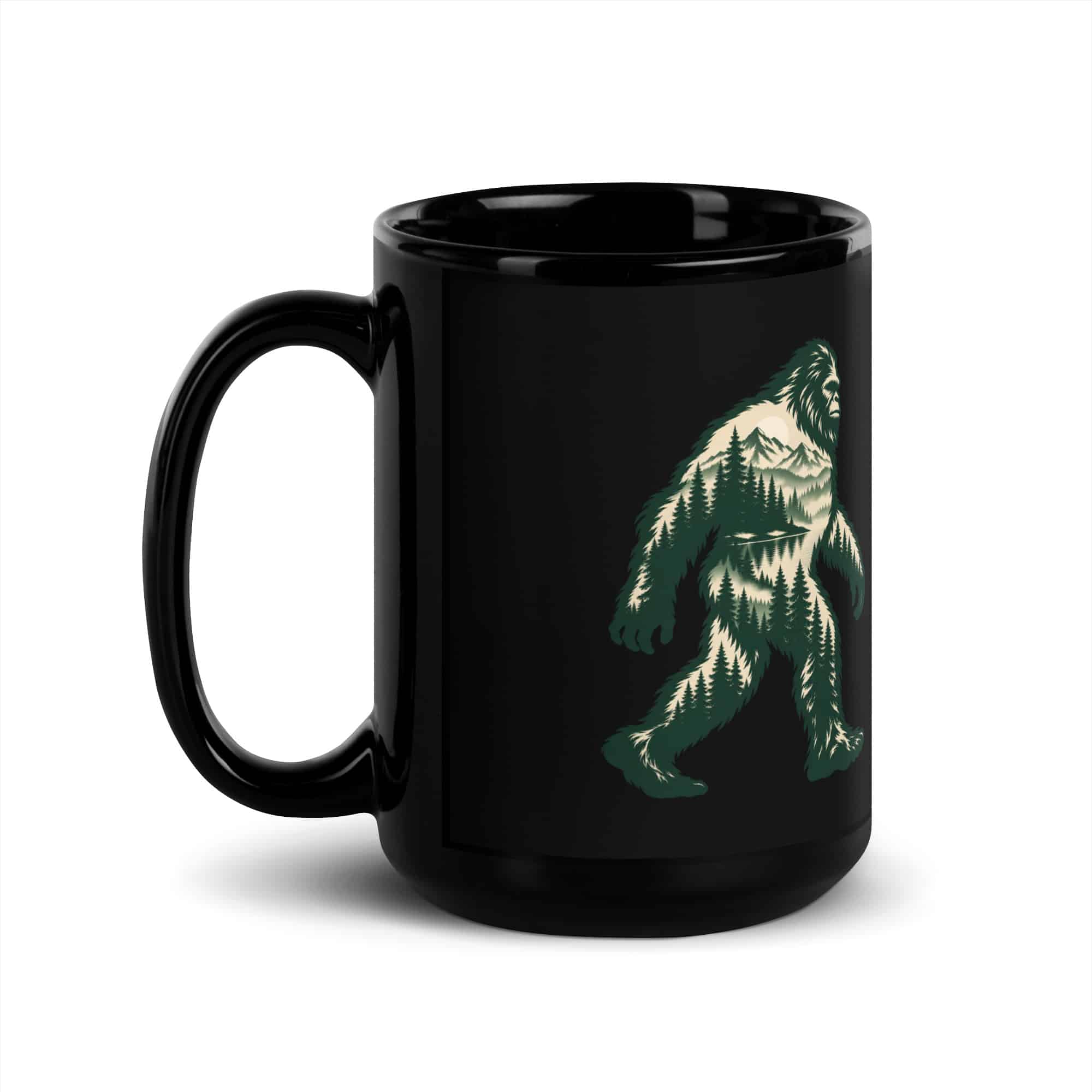 Pine Forest Cutout Bigfoot Black Mug