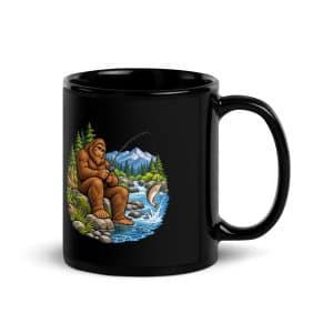 09 Bigfoot Fishing Black Glossy Coffee Mug - 11 oz - Handle on Right
