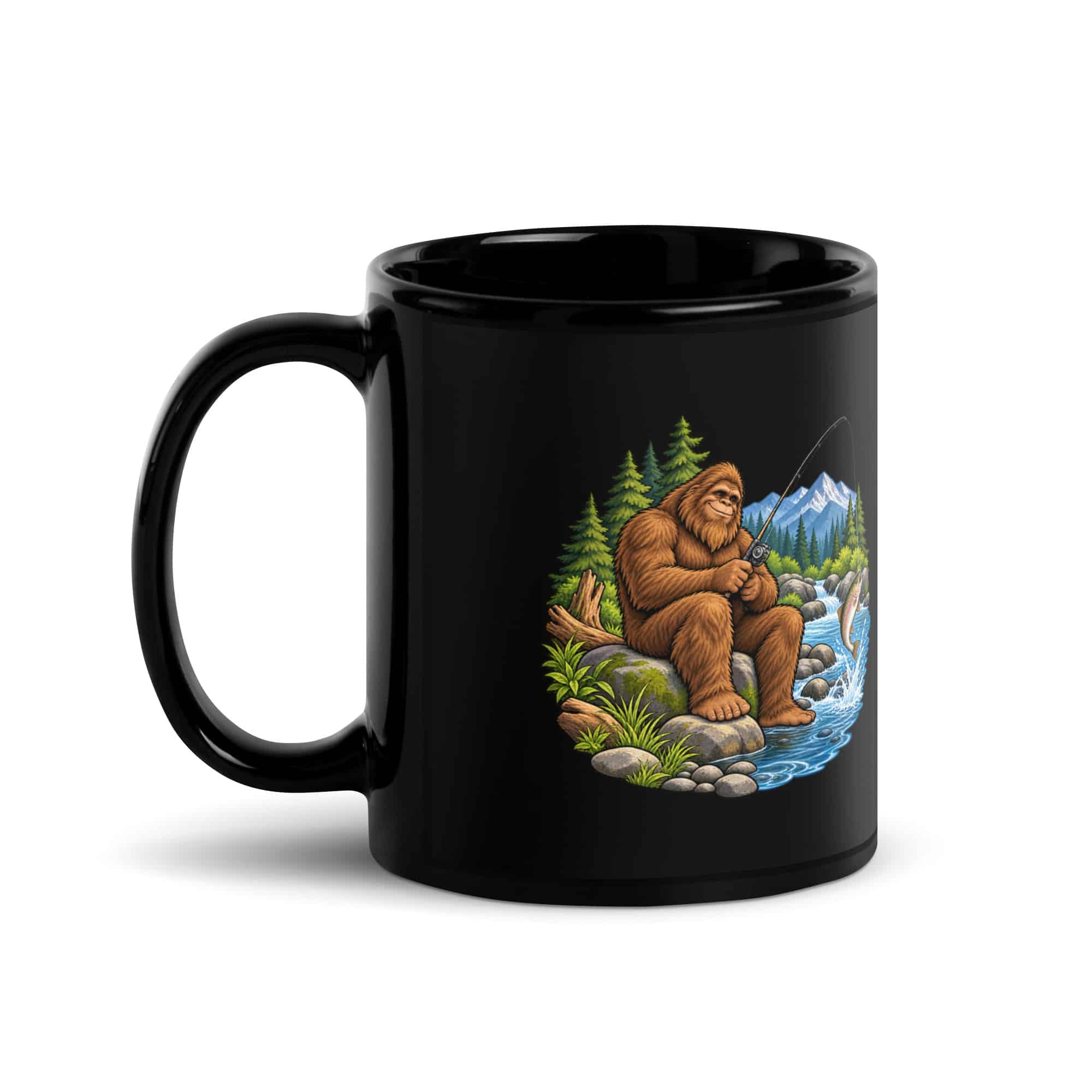 Fishing Bigfoot Black Mug