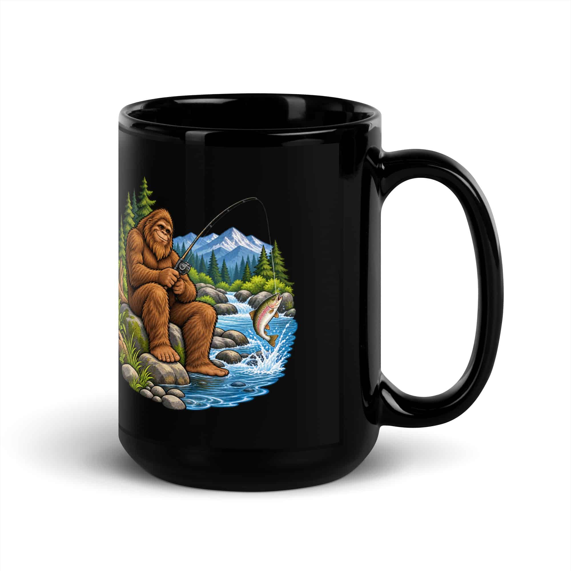 Fishing Bigfoot Black Mug