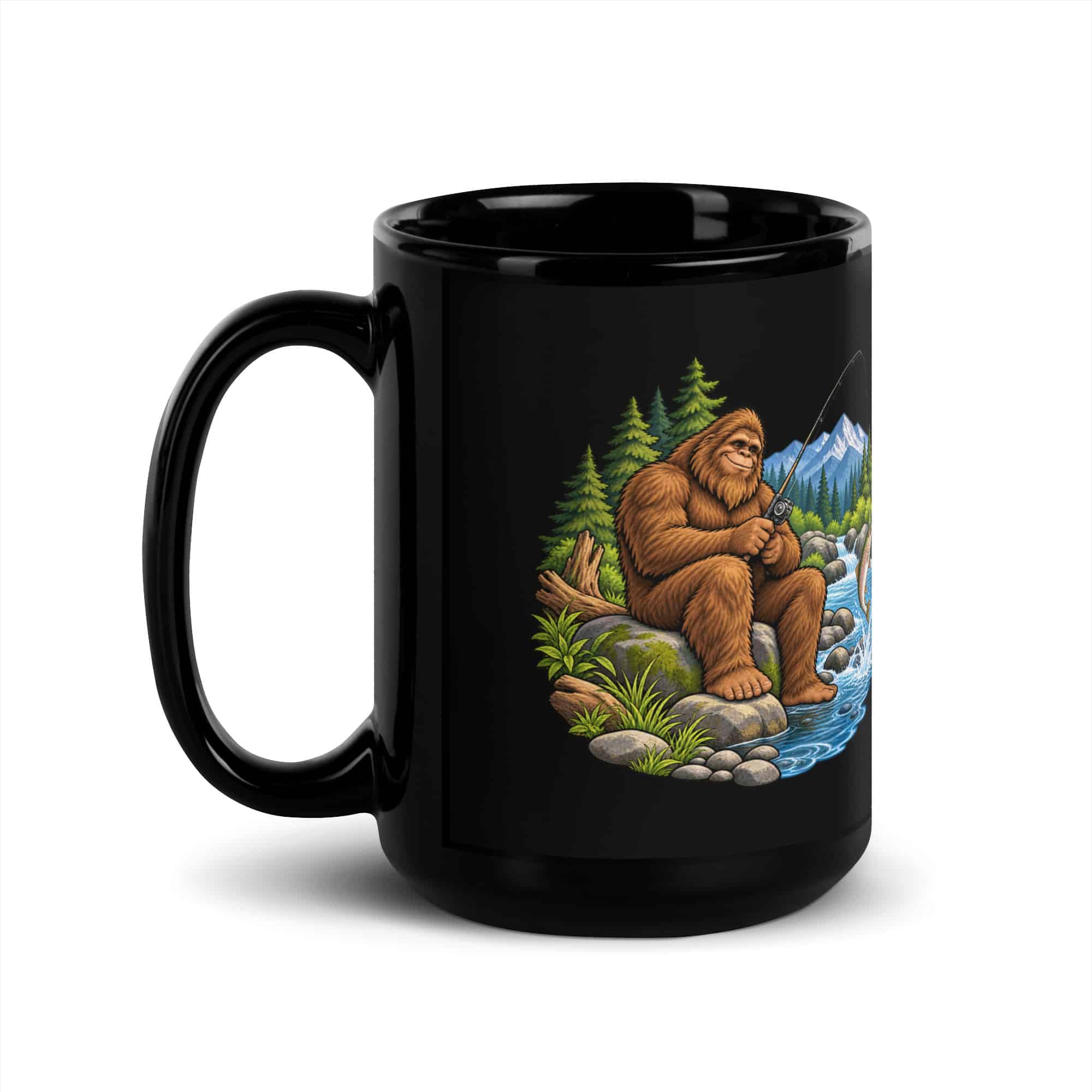 Fishing Bigfoot Black Mug
