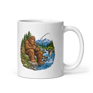 09 Bigfoot Fishing White Ceramic Coffee Mug - 11 oz - Main