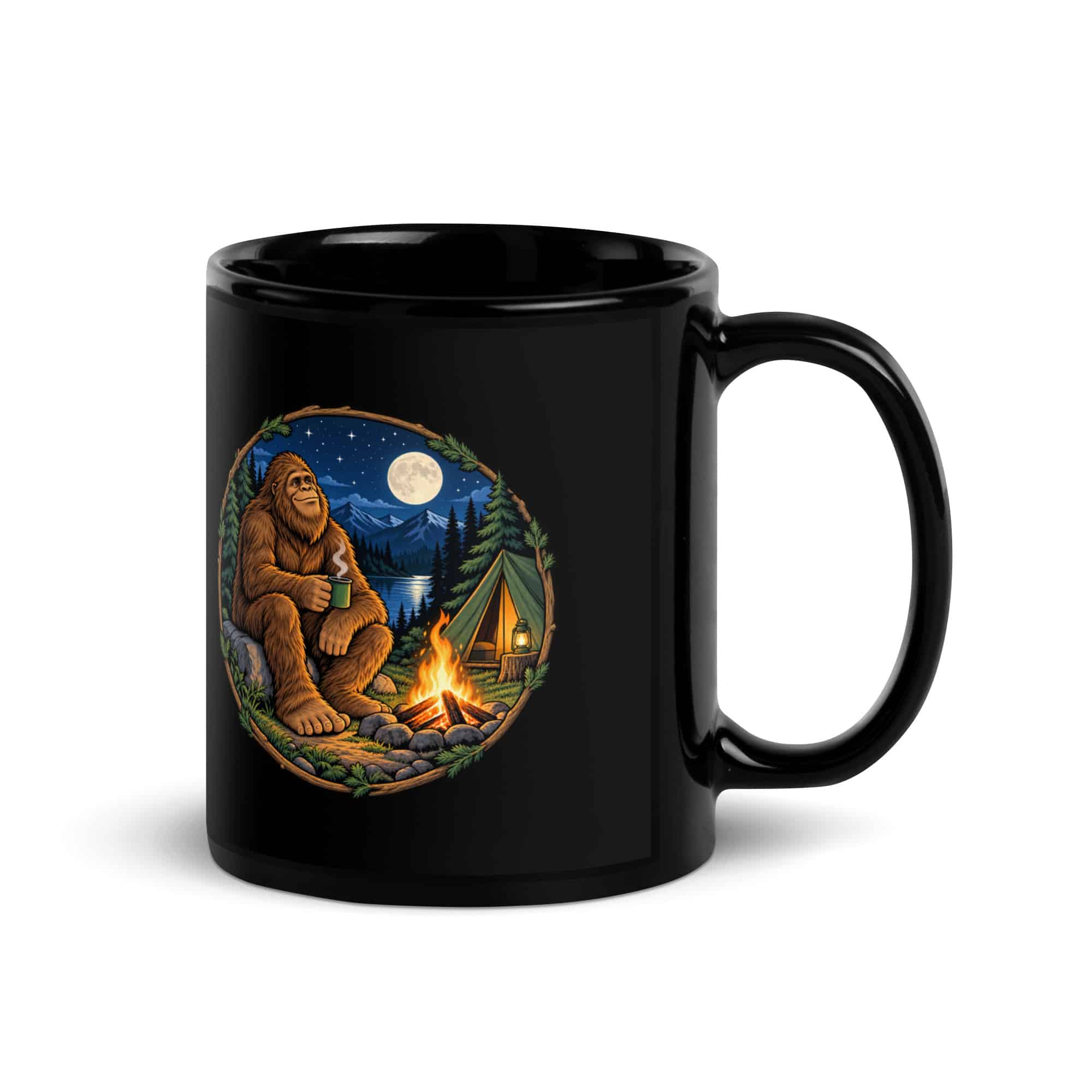 Campfire Bigfoot Black Mug