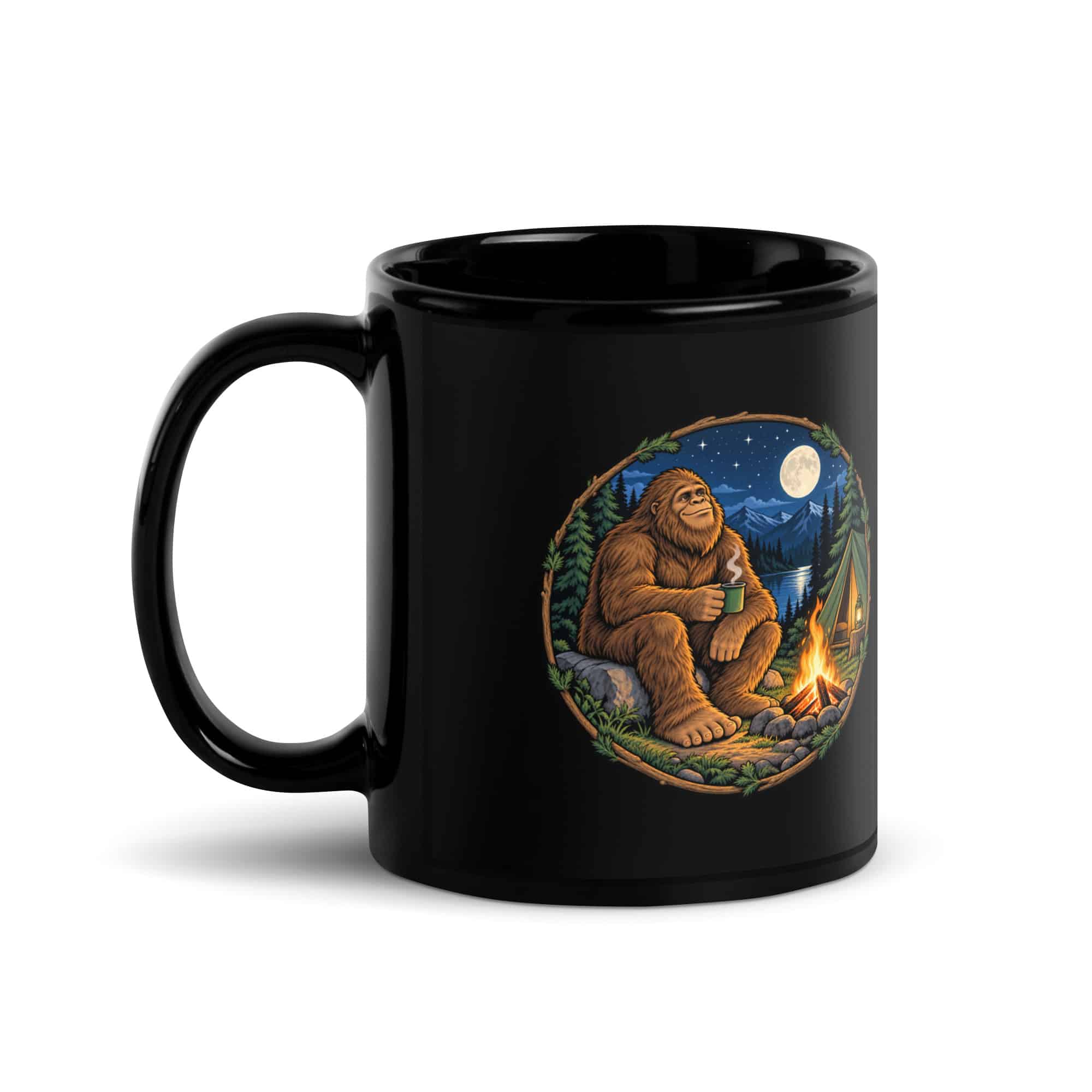 Campfire Bigfoot Black Mug
