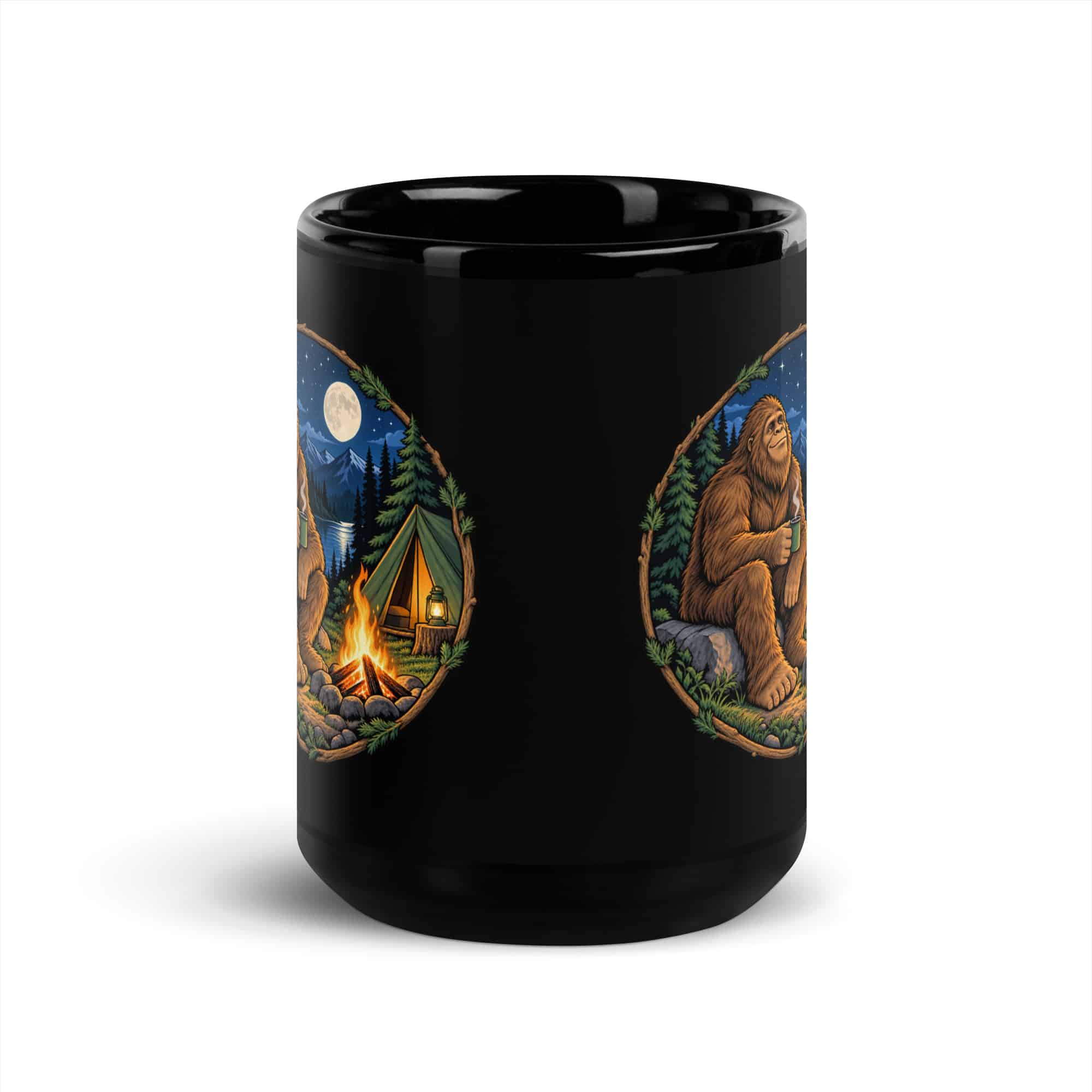 Campfire Bigfoot Black Mug