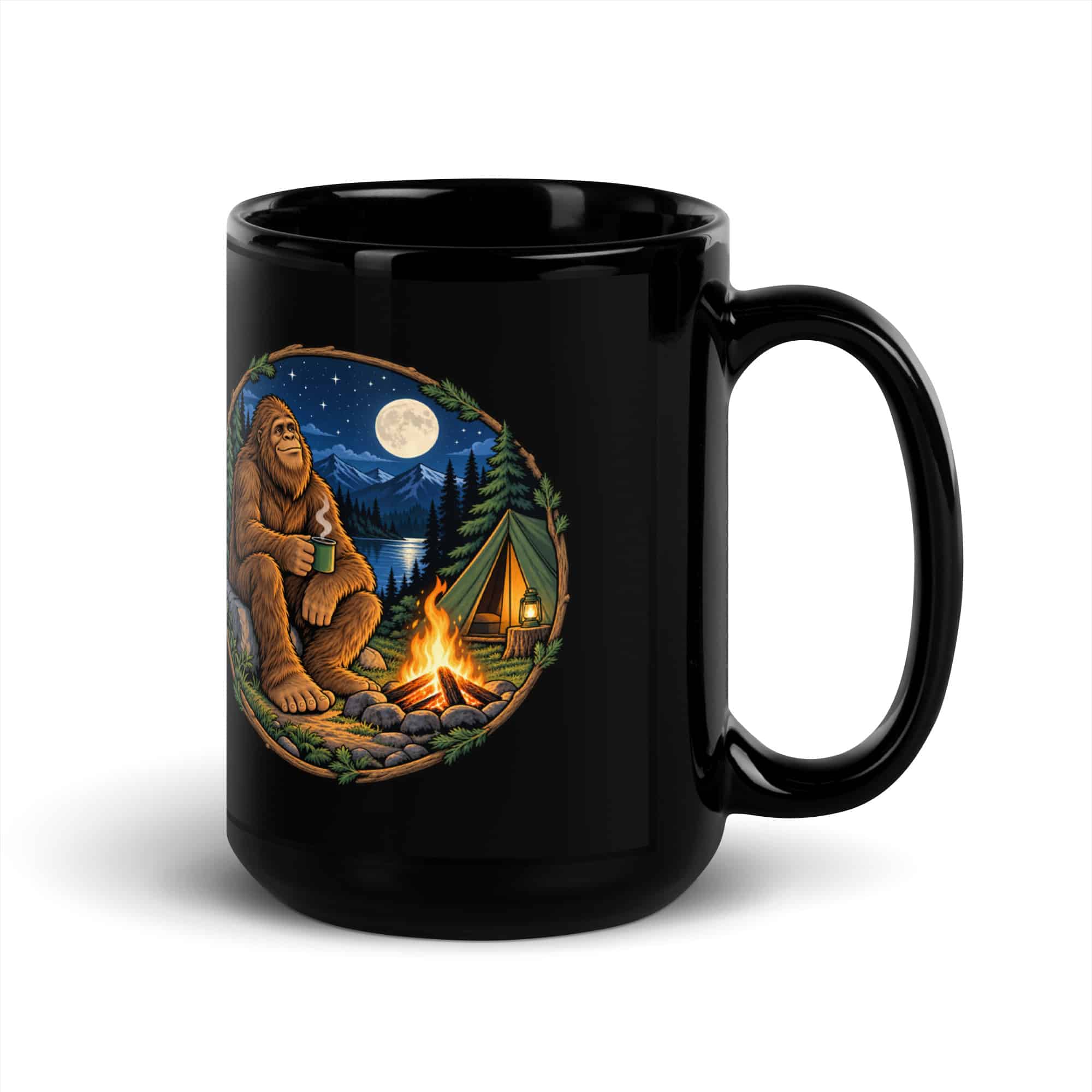 Campfire Bigfoot Black Mug