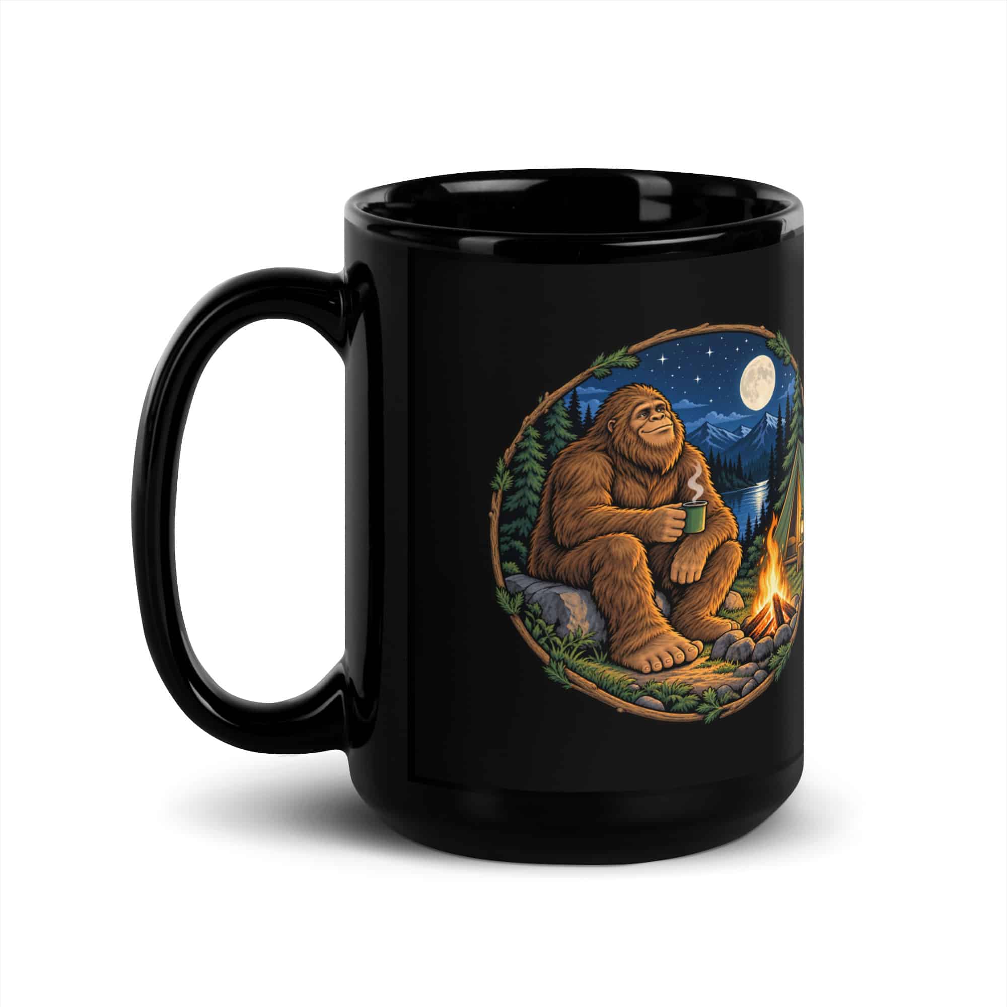 Campfire Bigfoot Black Mug