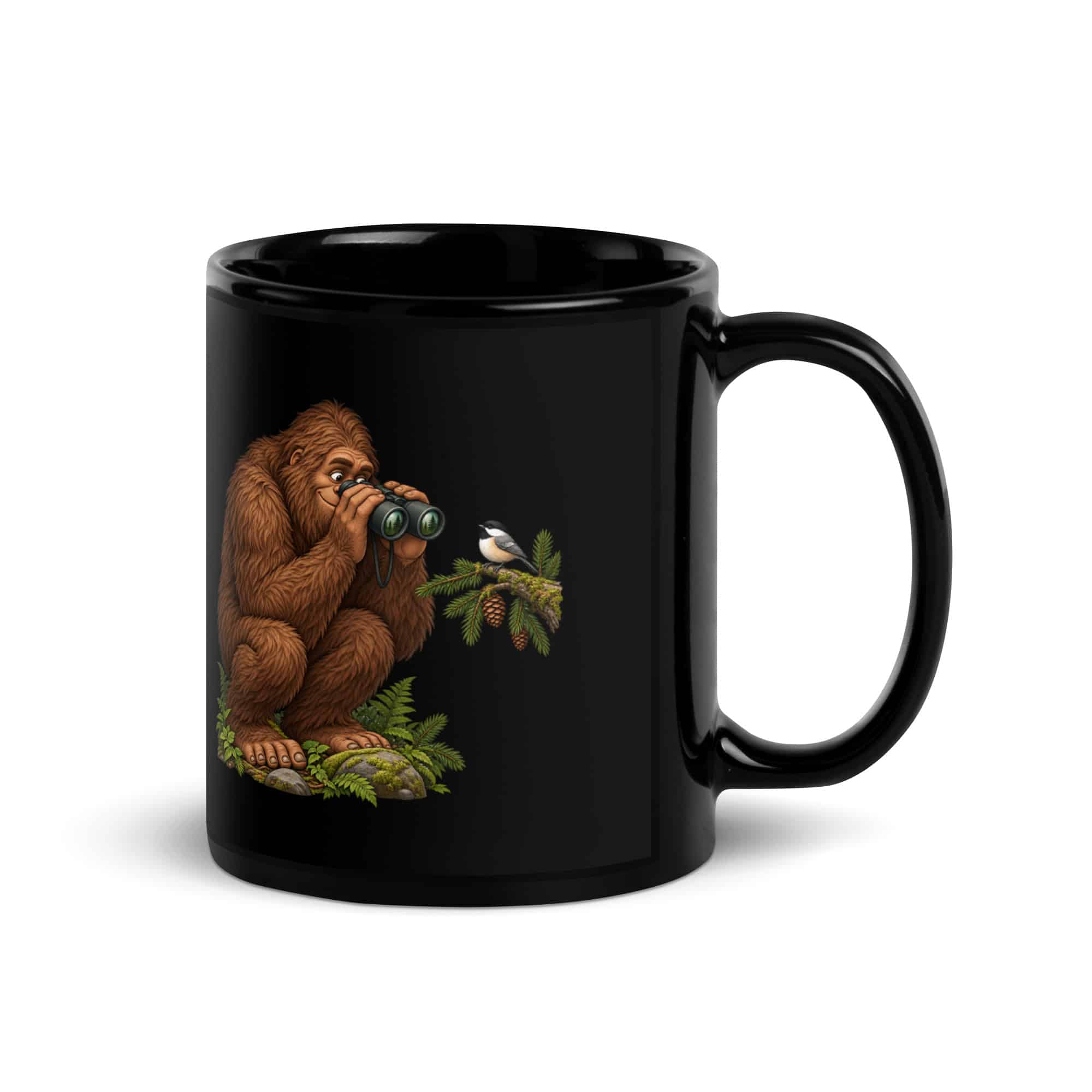 Birdwatching Bigfoot Black Mug